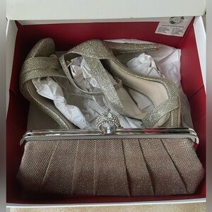 Lulu Townsend gold sparkly high heel, open toe sandal and evening bag bundle;7.5